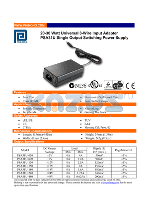 PSA31U-050 datasheet - 20-30 Watt Universal 3-Wire Input Adapter