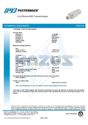 PE9753 datasheet - 10-32 Male to BNC Female Adapter