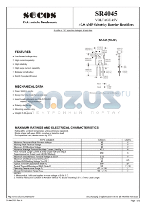 SR4045 datasheet - 40.0 AMP Schottky Barrier Rectifiers