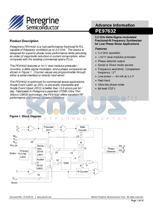 PE97632ES datasheet - 3.2 GHz Delta-Sigma modulated Fractional-N Frequency Synthesizer for Low Phase Noise Applications
