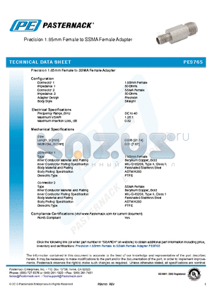 PE9765 datasheet - Precision 1.85mm Female to SSMA Female Adapter