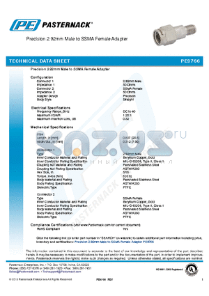 PE9766 datasheet - Precision 2.92mm Male to SSMA Female Adapter