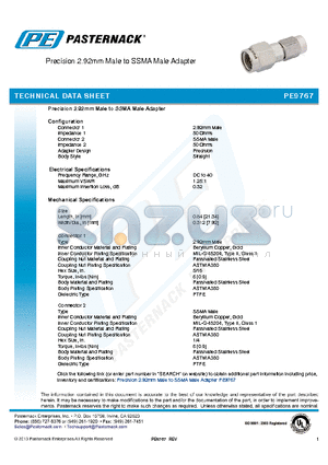 PE9767 datasheet - Precision 2.92mm Male to SSMA Male Adapter