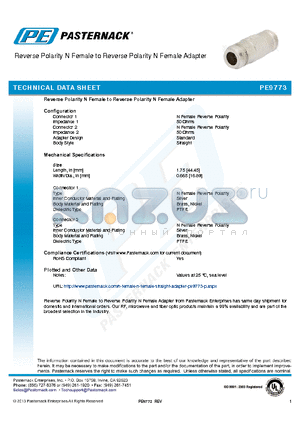 PE9773 datasheet - Reverse Polarity N Female to Reverse Polarity N Female Adapter