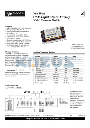 V375C12C150BS2 datasheet - 375V Input Micro Family DC-DC Converter Module