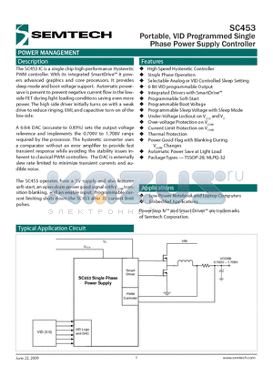 SC453 datasheet - Portable, VID Programmed Single Phase Power Supply Controller