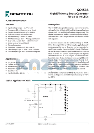SC4538 datasheet - High Effi ciency Boost Converter for up to 10 LEDs
