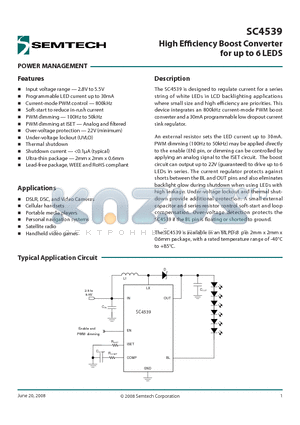 SC4539 datasheet - High Effi ciency Boost Converter for up to 6 LEDS