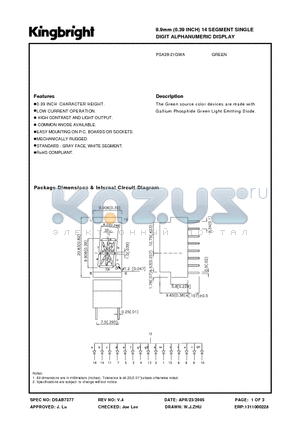 PSA39-21GWA datasheet - 9.9mm (0.39 INCH) 14 SEGMENT SINGLE DIGIT ALPHANUMERIC DISPLAY