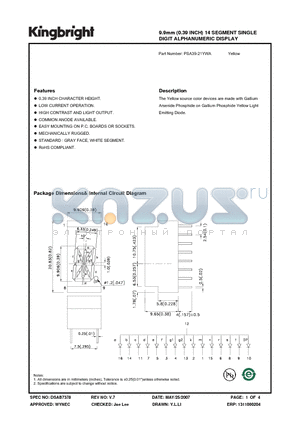 PSA39-21YWA datasheet - 9.9mm (0.39 INCH) 14 SEGMENT SINGLE DIGIT ALPHANUMERIC DISPLAY