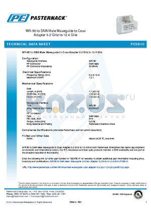 PE9810 datasheet - WR-90 to SMA Male Waveguide to Coax Adapter 8.2 GHz to 12.4 GHz