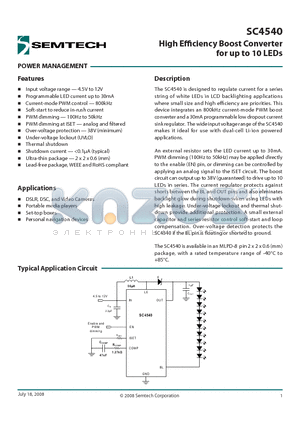 SC4540 datasheet - High Effi ciency Boost Converter for up to 10 LEDs