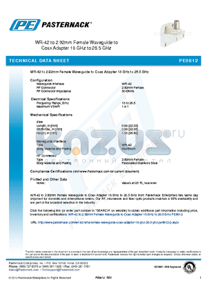 PE9812 datasheet - WR-42 to 2.92mm Female Waveguide to Coax Adapter 18 GHz to 26.5 GHz