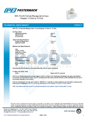 PE9817 datasheet - WR-75 to N Female Waveguide to Coax Adapter 10 GHz to 15 GHz