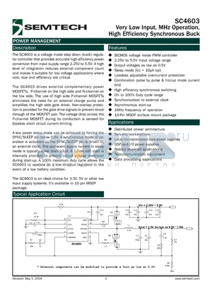 SC4603 datasheet - Very Low Input, MHz Operation, High Efficiency Synchronous Buck