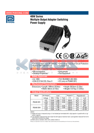 PSA46-301 datasheet - Multiple Output Adapter Switching Power Supply