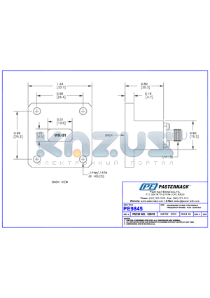 PE9845 datasheet - WAVEGUIDE TO SMA TYPE FEMALE FREQUENCY RANGE: 15,00~22,00 GHz