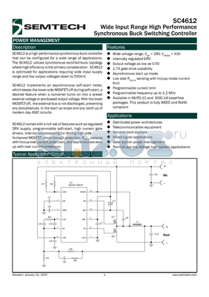 SC4612EVB datasheet - Wide Input Range High Performance Synchronous Buck Switching Controller