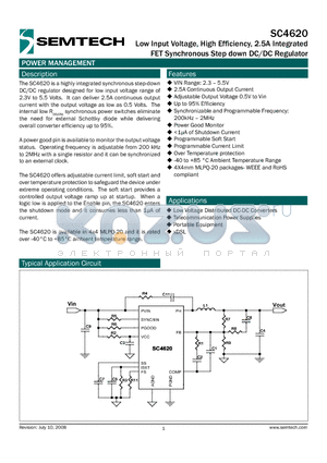 SC4620_08 datasheet - Low Input Voltage, High Efficiency, 2.5A Integrated FET Synchronous Step down DC/DC Regulator