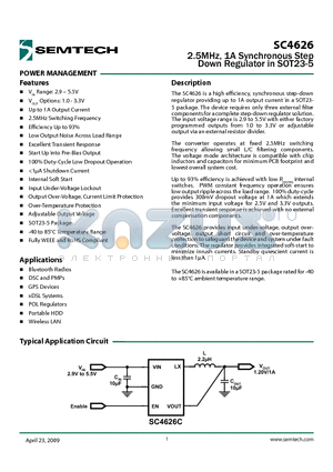 SC4626 datasheet - 2.5MHz, 1A Synchronous Step Down Regulator in SOT23-5
