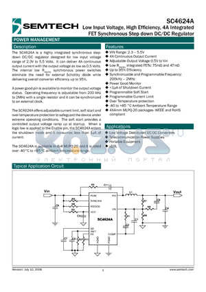 SC4624AEVB-MLPQ datasheet - Low Input Voltage, High Efficiency, 4A Integrated FET Synchronous Step down DC/DC Regulator