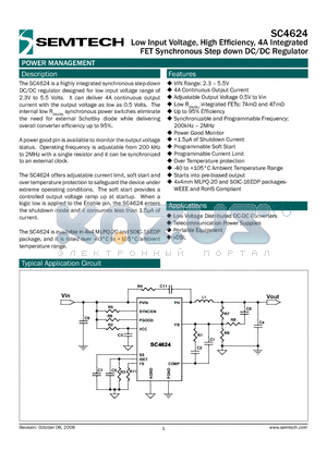 SC4624MLTRT datasheet - Low Input Voltage, High Efficiency, 4A Integrated FET Synchronous Step down DC/DC Regulator