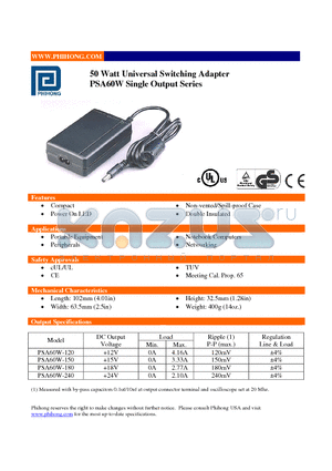 PSA60W-150 datasheet - 50 Watt Universal Switching Adapter