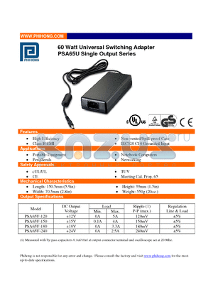 PSA65U-120 datasheet - 60 Watt Universal Switching Adapter