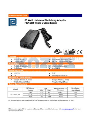 PSA65U-301 datasheet - 60 Watt Universal Switching Adapter