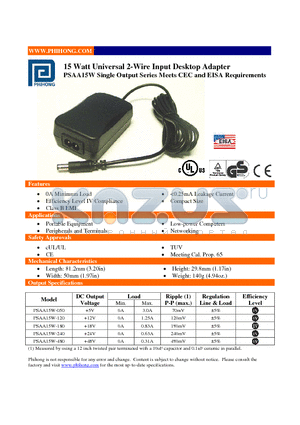 PSAA15W-120 datasheet - 15 Watt Universal 2-Wire Input Desktop Adapter