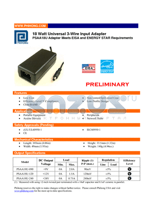 PSAA18U-090 datasheet - 18 Watt Universal 3-Wire Input Adapter