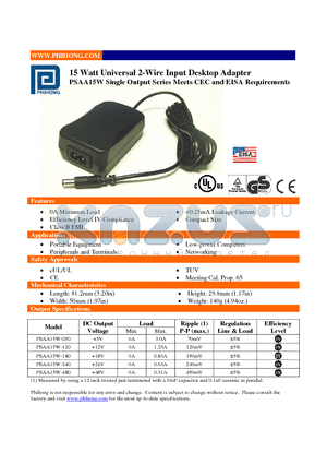 PSAA15W-240 datasheet - 15 Watt Universal 2-Wire Input Desktop Adapter