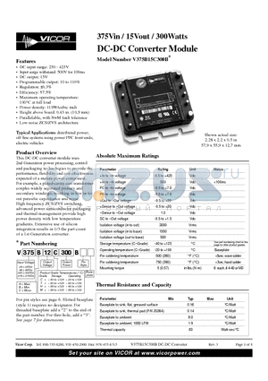 V375C15C300B datasheet - 375Vin / 15Vout / 300Watts DC-DC Converter Module