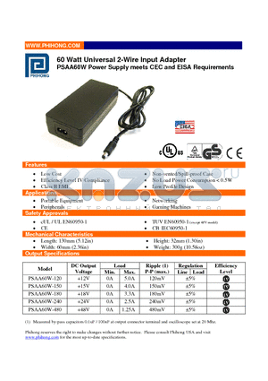 PSAA60W-180 datasheet - 60 Watt Universal 2-Wire Input Adapter