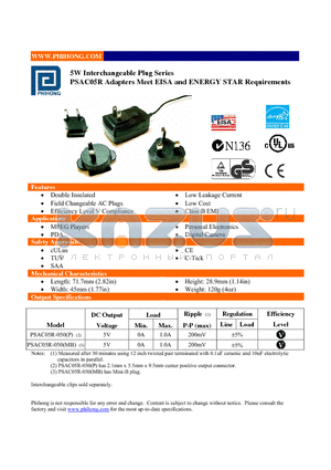 PSAC05R-050 datasheet - 5W Interchangeable Plug Series