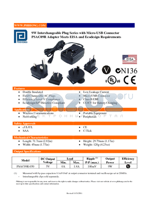 PSAC09R-050 datasheet - 9W Interchangeable Plug Series with Micro-USB Connector