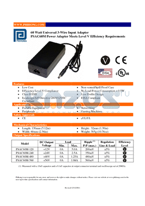 PSAC60M-240 datasheet - 60 Watt Universal 3-Wire Input Adapter