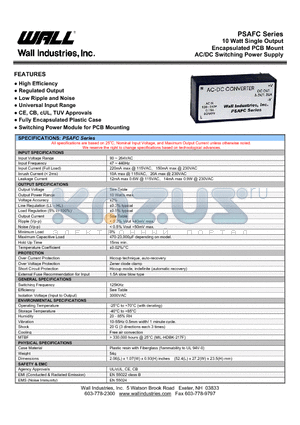 PSAFC-12S datasheet - 10 Watt Single Output Encapsulated PCB Mount AC/DC Switching Power Supply