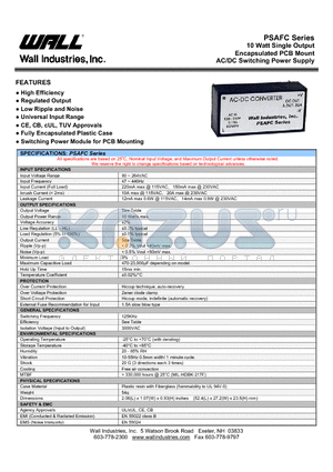 PSAFC-15S datasheet - 10 Watt Single Output Encapsulated PCB Mount AC/DC Switching Power Supply