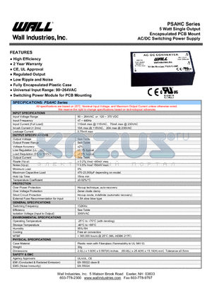 PSAHC-15S datasheet - 5 Watt Single Output Encapsulated PCB Mount AC/DC Switching Power Supply