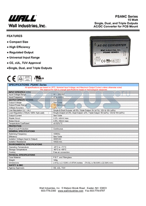 PSANC-12D datasheet - 15 Watt Single, Dual, and Triple Outputs AC/DC Converter for PCB Mount