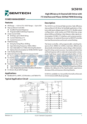 SC5010 datasheet - High Effi ciency 8-Channel LED Driver with I2C Interface and Phase-Shifted PWM Dimming