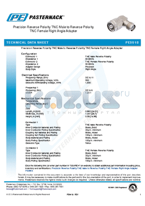 PE9918 datasheet - Precision Reverse Polarity TNC Male to Reverse Polarity TNC Female Right Angle Adapter