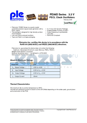 PE9920DEV datasheet - PE99D Series 3.3 V PECL Clock Oscillators