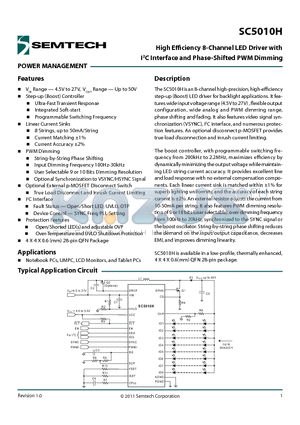 SC5010H datasheet - High Efficiency 8-Channel LED Driver with I2C Interface and Phase-Shifted PWM Dimming