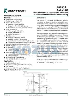 SC5012Q datasheet - High Efficiency 4-Ch, 150mA/Ch LED Driver with I2C Interface and Phase-Shifted PWM Dimming