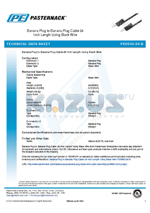 PE9930-24-B datasheet - Banana Plug to Banana Plug Cable 24 Inch Length Using Black Wire