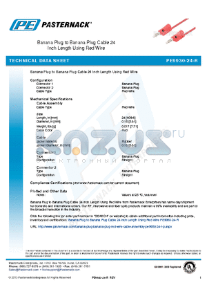 PE9930-24-R datasheet - Banana Plug to Banana Plug Cable 24 Inch Length Using Red W