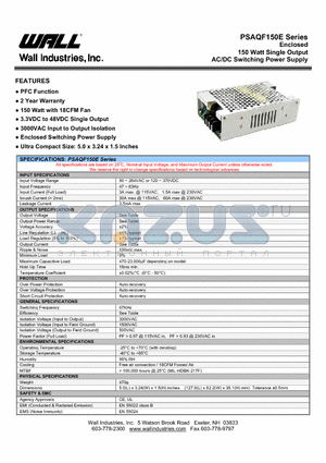 PSAQF150E datasheet - Enclosed 150 Watt Single Output AC/DC Switching Power Supply