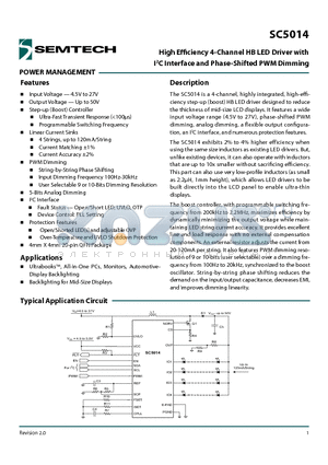 SC5014 datasheet - High Efficiency 4-Channel HB LED Driver with I2C Interface and Phase-Shifted PWM Dimming